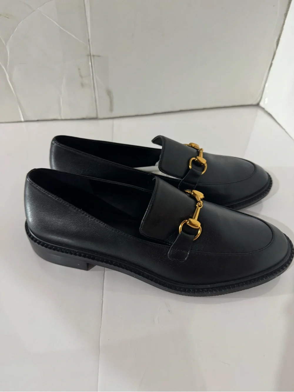 Black Leather Women's Loafers with Gold Bit Accent Size 7.5